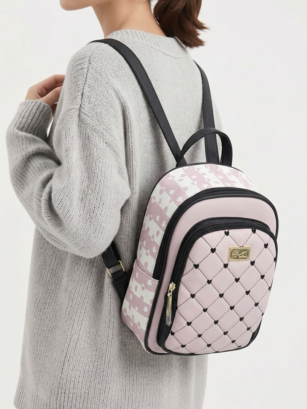 Luv Betsey by Betsey Johnson Mini Backpack Pink Quilted Heart Striped Polka Dot